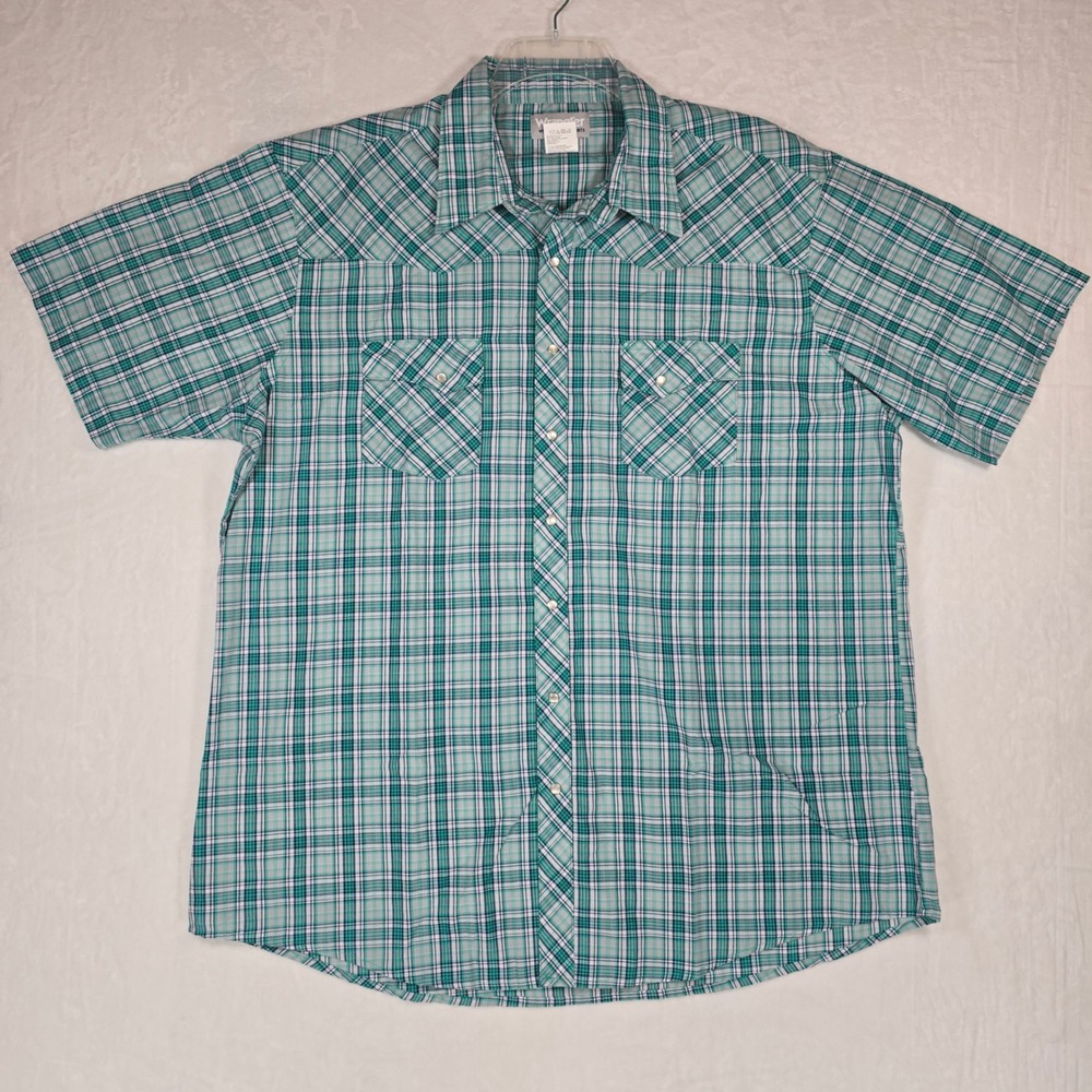 Wrangler Wrancher Men's 2XT Pearl Snap Western Shirt Green Plaid Short Sleeve